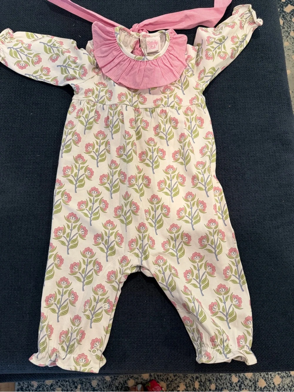 9 month Stitchy Fish Pink Floral Ruffle-Collar Baby One-Piece